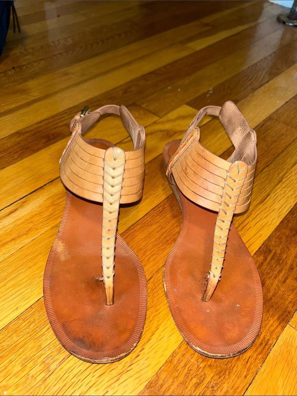 Coach Tan Braided T-Strap Wedge Sandals